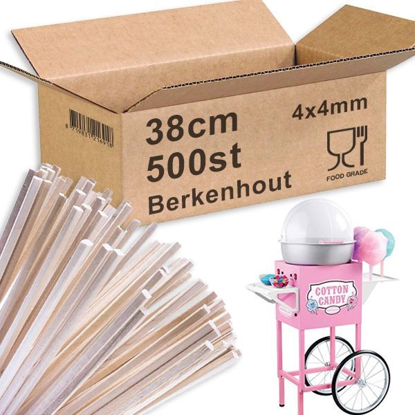 Suikerspinstokjes Berkenhout 38cm 500st. Suikerspinstokjes Berkenhout 38cm 500st.